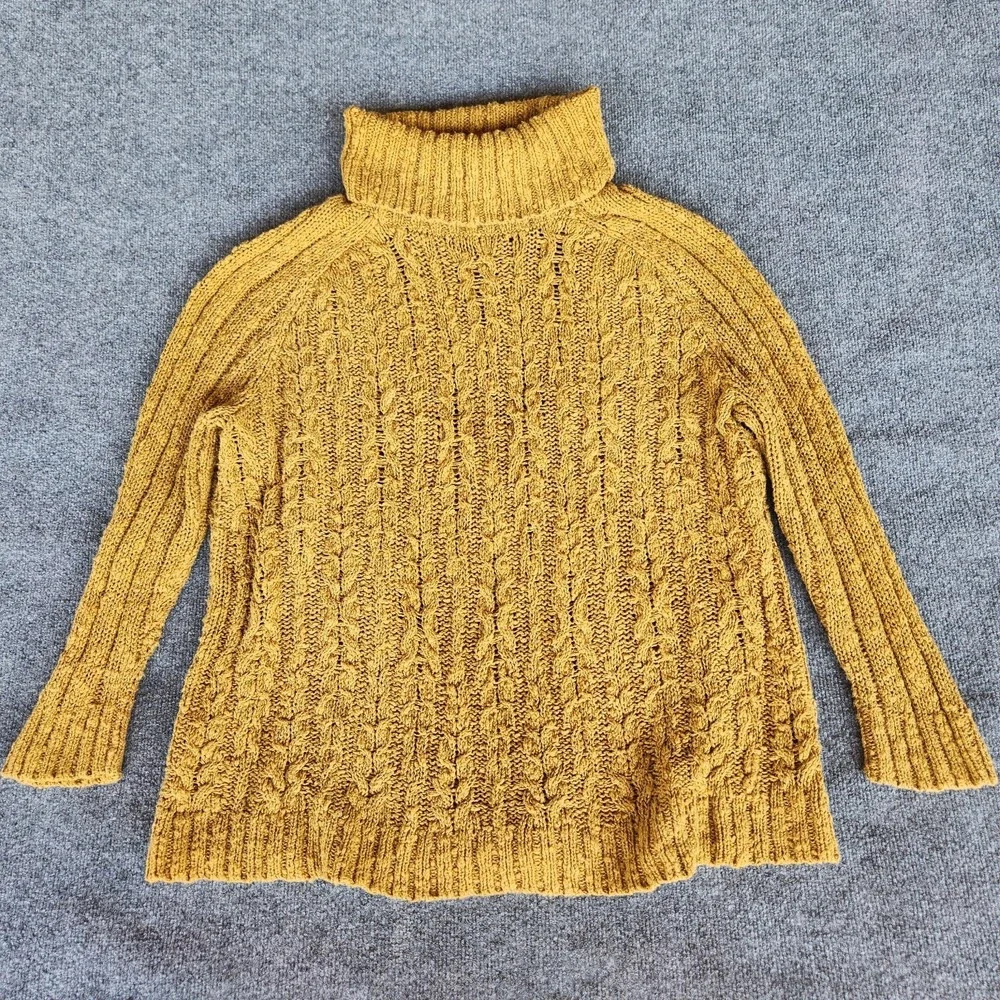 FREE PEOPLE chunky Cable knit‎ Turtleneck SWEATER yellow/Mustard keyhole back M